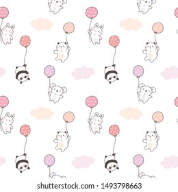 Seamless Pattern of Cute Cartoon White Bear, Koala, Panda, Bunny and Balloon Design on White Background