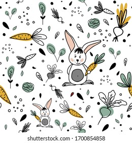 Seamless pattern. Cute cartoon white hare, harvesting. Vegetables - carrots, beets, onions. Autumn, summer. Great for postcards, stickers, fabric and textile. White isolated background. Vector