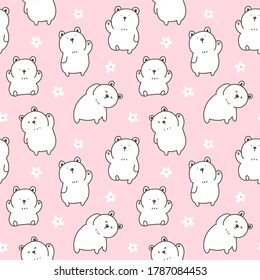 Patrón transparente de caricatura suave diseño de oso blanco y flor en fondo rosa