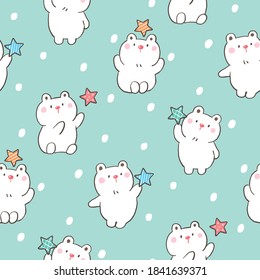 Seamless Pattern with Cute Cartoon White Bear and Star Design on Pastel Green Background