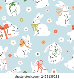 Seamless pattern with Cute cartoon white rabbits with bows.  Hand drawn vector illustration. Adorable Easter bunny background.