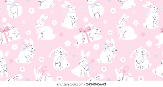 Patrón sin fisuras con conejos blancos de dibujos animados lindos con arcos.  Dibujado a mano ilustración vectorial. Adorable fondo de conejito de Pascua.