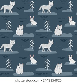 Nahtloses Muster mit niedlichen Cartoon weißen Arktischen Fuchs, Wolf, Hase im Wald, Tundra auf dunkelblauem Hintergrund. Design für Druck, Textil, Stoff.