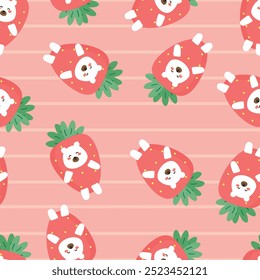 Seamless pattern with cute cartoon white bear wearing strawberry costume, for fabric prints, textiles, gift wrapping paper. children's flat and colorful style