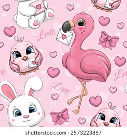 Seamless pattern with cute cartoon white rabbit, flamingo and pink bird. Vector illustration on a pink background with animals, love letters, hearts, word love and bow.