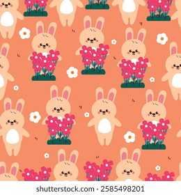seamless pattern cute cartoon white bunny with flower. cute animal drawing for wallpaper, pattern, background