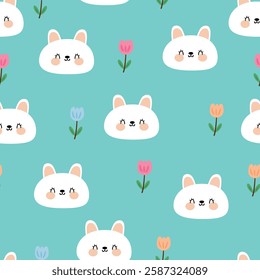 Seamless pattern cute cartoon white bunny with flower. cute animal drawing for wallpaper, pattern, background