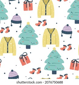 Seamless pattern with cute cartoon winter fashion and stuff. for fabric print and textile, kids wallpaper, gift wrapping paper