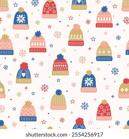 Seamless pattern with cute cartoon winter hats. Christmas background design. Vector illustration