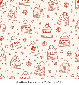 Seamless pattern with cute cartoon winter hats. Christmas background design. Vector illustration