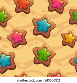 Seamless pattern with cute cartoon wooden stars