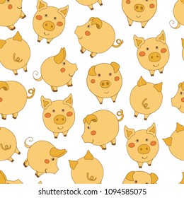 Seamless pattern with cute cartoon yellow pigs on white background. Vector illustration. 