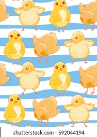Seamless pattern with cute cartoon yellow chicken blue and white striped background. Fabric design, Wallpaper, kids decor.