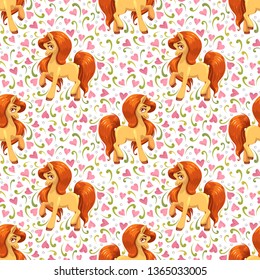 Seamless pattern with cute cartoon young little horse. Pretty girlish pony texture.