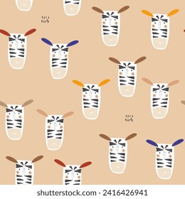 Seamless pattern with cute cartoon zebra faces. Creative pastel childish texture  for fabric, wrapping, textile, wallpaper, apparel. Vector illustration