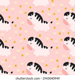 Seamless pattern with cute cartoon zebras on pink background with flowers