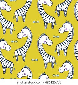 Seamless pattern with cute cartoon zebras and grass on a dark yellow-beige background.Striped savannah horse.Vector illustration of African animals for kids.Print for fabric,textile,paper.