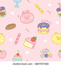 Seamless pattern of cute cartoon.Dessert concept.Rabbit,bear,candy,donut,bubble milk tea,bread,peach doodle.Kid graphic.Wallpaper.Background.Kawaii.Vector.Illustration.