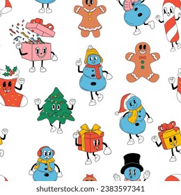 Seamless pattern with Cute Cartoons christmas mascot. Happy and cheerful emotions. Old animation 60s 70s, funny cartoon characters.