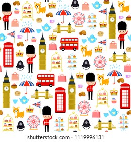 Seamless pattern with cute cartoons related to London and England