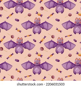 Seamless pattern with cute cartoon-style bat and candies for Halloween