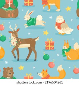 Seamless pattern with cute cartoon-style Christmas animals with gifts and christmas tree toys. Deer, bear, squirrel, owl, rabbit, fox. Vector illustration background.