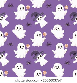 The seamless pattern is a cute cast. Halloween holiday. Fabulous vintage background. Vector illustration