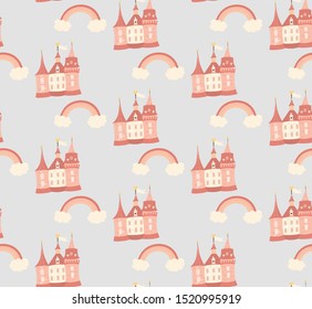 Seamless pattern with cute castle and rainbow. Can be used for design of children wallpaper, textile.