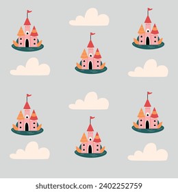 Seamless pattern with cute castle. Vector illustration in flat style