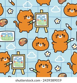 Seamless pattern of cute cat artist with flower and cloud background.Drawing and painting.Pet animal character cartoon design.Nature picture.Kawaii.Vector.Illustration.