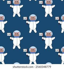 Seamless Pattern. Cute cat astronaut in space with flag. Flat vector Illustration.