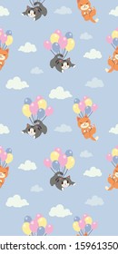 The seamless pattern of cute cat with the balloon on the sky and cloud in flat vector style. Illustration for background