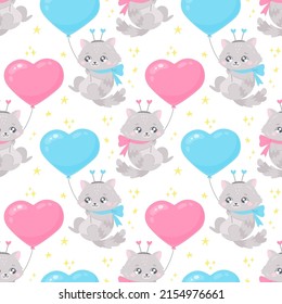 Seamless pattern with cute cat, balloon in the shape of a heart and stars. Background for fabric print, wrapping paper, textile, packaging. Vector illustration in cartoon style. 
