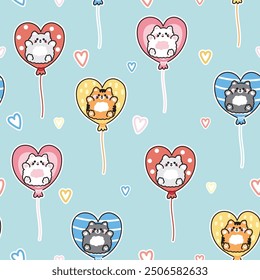 Seamless pattern of cute cat in balloon heart shape.Meow.Pet animal character cartoon design.Image for card,poster,baby clothing.Kawaii.Vector.Illustration.