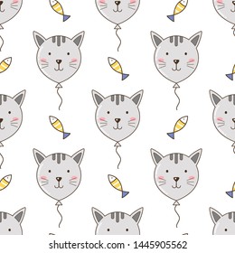 seamless pattern of cute cat balloons and little fish, vector illustration, doodle style