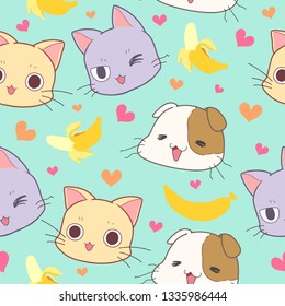Seamless pattern cute cat, banana and heart – vector