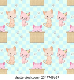 Seamless pattern with cute cat in basket vector illustration.