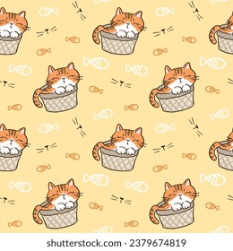 Seamless Pattern with Cute Cat in Basket Design on Yellow Background