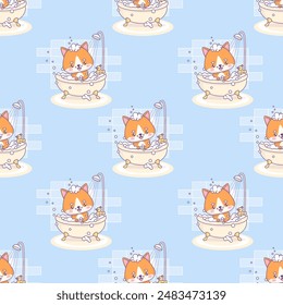 Seamless pattern with cute cat bathes in bubble bath on blue background. Funny kawaii animal. Vector illustration. Kids collection