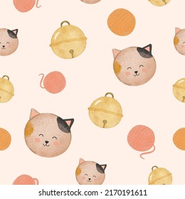 Seamless Pattern of Cute cat with bells and yarn, object element with watercolor painting in cartoon style, vector illustration