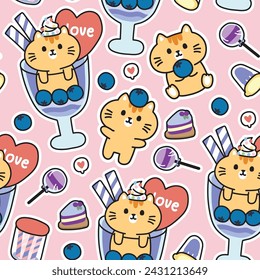 Seamless pattern of cute cat blueberry icecream on background.Pet animal character cartoon.Cake,candy,fruit,heart hand drawn.Baby clothing.Baby clothing.Meow.Kawaii.Vector.Illustration.