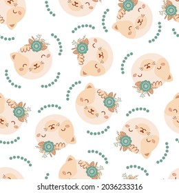 Seamless pattern with cute cat and bouquet blue flowers. Background with wild animals in flat style. Illustration for kids. Design for wallpaper, fabric, textiles, wrapping paper. Vector