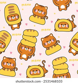 Nahtloses Muster von niedlichen Katze mit Brot mit Herz-Hintergrund.Bäckerei handgezeichnet.Miau.Tier Charakter Cartoon-Design.Bild für Karte, Aufkleber, Babykleidung.Kawaii.Vektor.Illustration.