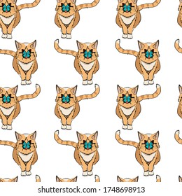 Seamless pattern with cute cat with butterfly on its face. Fashion print can be used on t-shirt or fabric or a set of pastel linen, wrapping paper.