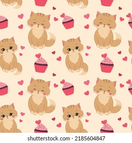 Seamless pattern with a cute cat, cakes, and hearts. Print for fabric, textile, paper Vector Illustration.