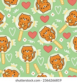 Seamless pattern of cute cat candy with heart and flower on pastel green background.Pet animal character cartoon design.Baby clothing.Meow lover.Kawaii.Vector.Illustration.