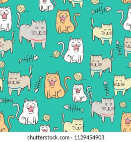 Seamless pattern Cute cat cartoon with hand drawn style