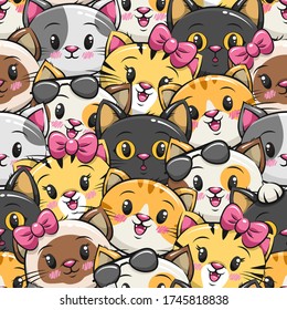 Seamless Pattern Cute Cat Cartoon Illustration