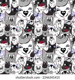 Seamless pattern of cute cat cartoon. Happy meow. Animals character design. Image for card, poster, gift papper, baby clothing.