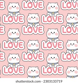 Seamless pattern of cute cat cartoon with love text on pink background.Pet animal character design.Meow lover.Image for card,poster,baby clothing,pet shop.Kawaii.Vector.Illustration.